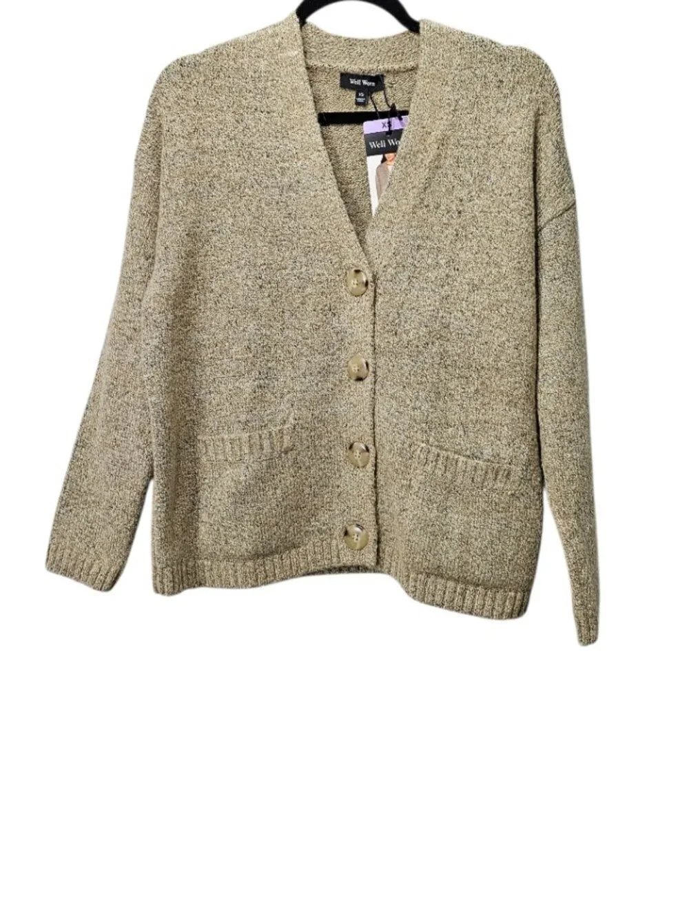 Well Worn Women's New Boyfriend Knit V Neck Button Up Tan Cardigan Sweater XS